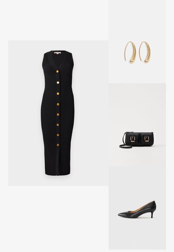 Abito nero in maglia a coste con scollatura a V, senza maniche e bottoni dorati sul davanti, caratterizzato da una silhouette aderente.; Décolleté in pelle nera con punta affilata, tacco basso e texture liscia. Presenta un leggero apertura sulla parte anteriore e hardware minimale sul retro.; Borsa a tracolla nera in pelle con due tasche frontali, fibbie dorate, chiusura con zip e una tracolla sottile. Superficie texturizzata e forma rettangolare compatta.; Orecchini a cerchio in metallo color oro con forma curva ed allungata. Presentano una superficie liscia e lucida e una punta arrotondata per un tocco di dettaglio in più.