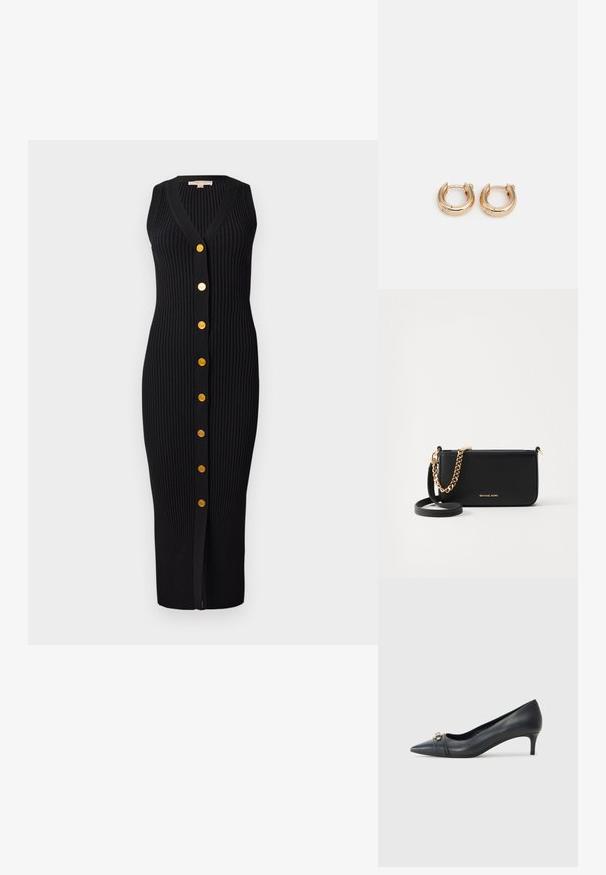 Czarna dzianinowa sukienka w prążki z dekoltem w kształcie V, bez rękawów, z guzikami w kolorze złotym na przodzie, charakteryzująca się dopasowanym krojem.; Czarna skórzana szpilka z owalnym noskiem, niskim obcasem, z teksturowanym paskiem i metalicznym akcentem z przodu. Gładka powierzchnia i smukły kształt.; Czarna skórzana kopertówka z złotym akcentem w postaci łańcucha, gładka faktura i złote detale z logo. Zawiera regulowany pasek dla większej wszechstronności.; Złote kolczyki w kształcie obręczy z wypolerowanym wykończeniem, charakteryzujące się grubym, okrągłym wzorem i bezpiecznym zapięciem. Gładka faktura i błyszczący wygląd.