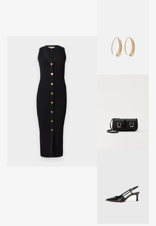 Schwarzes geripptes Strickkleid mit V-Ausschnitt, ärmellosem Design und goldfarbenen Knöpfen auf der Vorderseite, das eine figurbetonte Silhouette bietet.; Schwarze Lack-Slingback-Pumps mit spitzem Zehenbereich, versehen mit strukturiertem Schlangenprint, verstellbarem Riemen und einem kurzen, strukturierten Blockabsatz.; Schwarze Leder-Umhängetasche mit zwei vorderen Taschen, goldenen Schnallen, Reißverschluss und einem schmalen Tragegurt. Texturierte Oberfläche und kompakte rechteckige Form.; Goldfarbene Metall-Hoops mit einer geschwungenen, länglichen Form. Sie verfügen über eine glatte, glänzende Oberfläche und eine abgerundete Spitze für zusätzliche Details.
