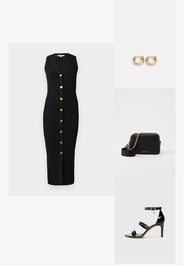 Juoda dryžuota megzta suknelė su V formos iškirpte, be rankovių dizainu ir auksinės spalvos sagomis priekyje, turinti prigludusią siluetą.; Juodas patentuotas odinis sandalai su trimis diržais, kulkšnies sagtimi ir 4 colių stiletto kulnu. Yra aukso detalės ir logotipo žavesys.; Juodas odinis kryžminis krepšys su auksiniais grandinės akcentais, užtrauktuko uždarymu ir nuimamu audinio dirželiu. Michael Kors logotipas priekyje.; Auksiniai auskarai-žiedai su poliruota danga, pasižymintys storu, apvaliu dizainu ir saugiu uždarymo mechanizmu. Lygus paviršius ir blizganti išvaizda.