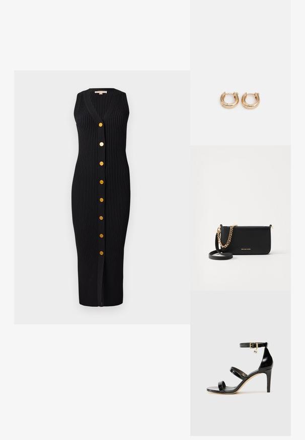 Črna rebrasta pletena obleka z V-izrezom, brez rokavov in z zlatimi gumbi po sprednji strani, ki se ponaša s prilegajočim se silhuetom.; Črne lakirane sandale s tremi trakovi, zaponko okoli gležnja in 10-centimetrsko stiletto peto. Imajo detajle iz zlatega kovanja in logotipni čar.; Črna usnjena torba s zlatim verižnim okrasom, gladka tekstura in zlate logotipne podrobnosti. Vključuje nastavljiv trak za prilagodljivost.; Zlate obročeve uhane s poliranim zaključkom, ki imajo debelo, okroglo obliko in varen mehanizem zapiranja. Gladka tekstura in sijoč videz.