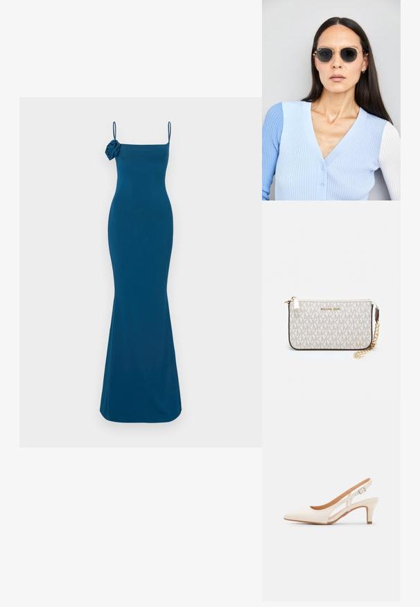 Tyrkysové šaty bez rukávů s přiléhavým siluetou, s růžovým akcentem na jednom rameni a rozšířeným lemem, vyrobené z hladkého materiálu.; Bílé lodičky na podpatku s špicatou špičkou, hladkým svrškem, nízkým blokovým podpatkem a designem s bočním výřezem se stahovací sponou.; Kulaté sluneční brýle s tmavými čočkami a zlatými rámy. Modelka má na sobě světle modrý žebrovaný kardigan s knoflíky a kontrastními bílými rukávy.; Kabelka na zápěstí Michael Kors v béžové potažené plátno s opakujícím se vzorem loga MK, zlatými kovovými doplňky a odnímatelným řetízkovým popruhem.