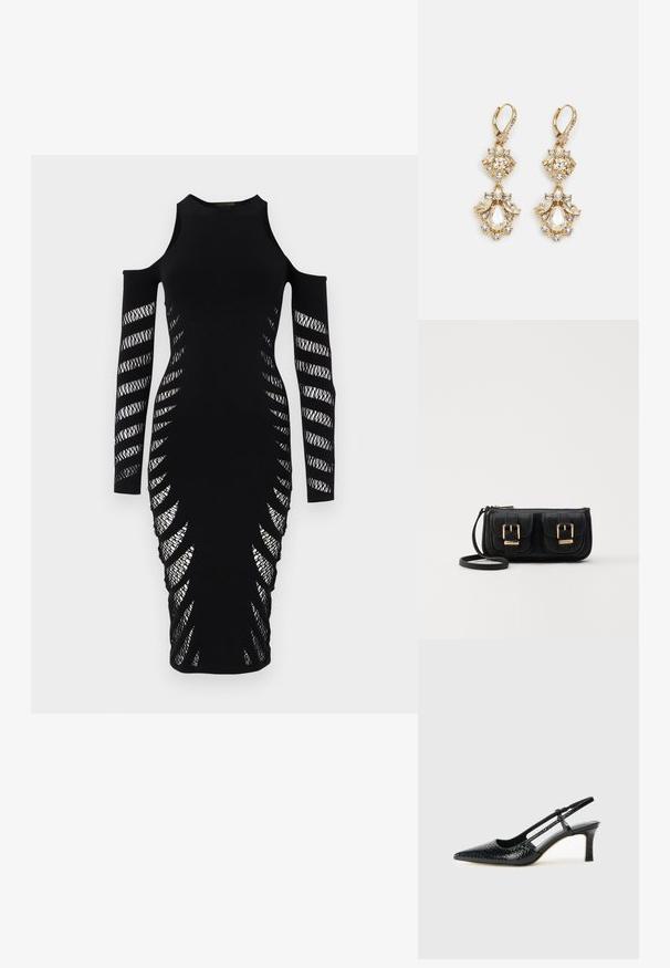 Čierne bodycon šaty s výrezmi na ramenách. Majú dlhé rukávy, zložitú sieťovinovú štruktúru po stranách a priliehavý strih.; Čierne patentové slingback topánky na ihlovom podpätku s špicatou špičkou, s textúrovaným hadím vzorom, nastaviteľným popruhom a krátkym, textúrovaným blokovým podpätkom.; Čierna kožená crossbody taška s dvoma prednými vreckami, zlatými sponami, zipsovým uzatváraním a úzkym popruhom. Štruktúrovaný povrch a kompaktný obdĺžnikový tvar.; Zlaté visiace náušnice s dizajnom zhlukovania, obsahujúce okrúhle a slzovité priehľadné kryštály, ktoré predvádzajú precízne detaily.