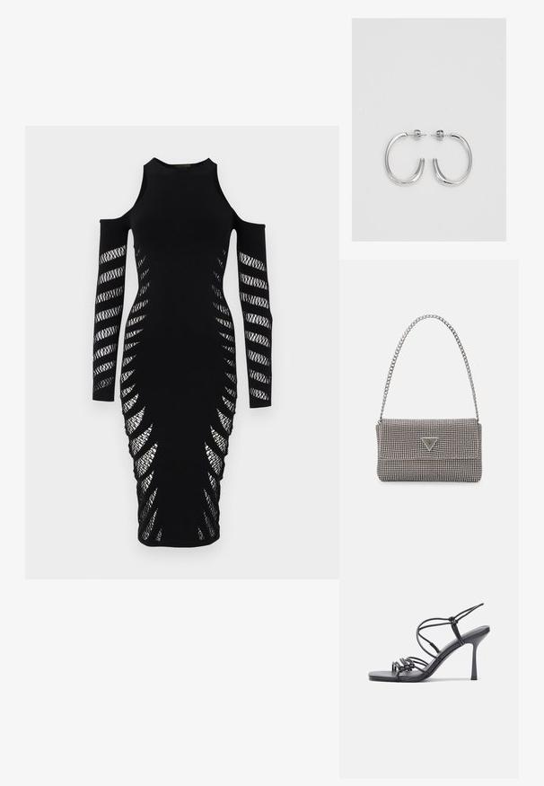 Crna uska haljina s otvorima za ramena. Ima dugačke rukave, složenu mrežastu dekoraciju duž stranica i uski kroj.; Crne sandale na visokoj potpetici imaju tanke trake s čvorastim dizajnom, glatki kvadratni vrh i elegantnu stiletto petu.; Svijetlosivi metalik ruksač s lancem, ukrašen malim okruglim metalnim zakovicama i trokutastim logotipom marke.; Srebro naušnice u obliku prstena s glatkom, sjajnom završnom obradom. Zaobljenog oblika, laganog dizajna, s kopčom na poleđini.