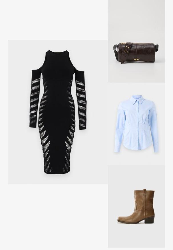 Musthave mustikasukel, millel on küljes lõigatud varrukad. Omab pikki varrukaid, keerulisi võrkkatte detaile külgedel ja sobivat siluetti.; Hele sinine pika varrukaga sobiv särk, millel on terav krae ja varjatud eesnupud, kohandatud talje ja nööbitavad varrukad.; Pruun nahkne ankle boot ruudukujulise varbaga, tekstuuriga viimistluse ja madala virnastatud kontsaga. Sisaldab taga tõmbeaasat ja peeneid õmbluse detaile.; Pruunist krokodillimustrist nahast kott, millel on silindri kuju, kuldse tooni metalldetailid ja eemaldatav rihm, kus on nupud.