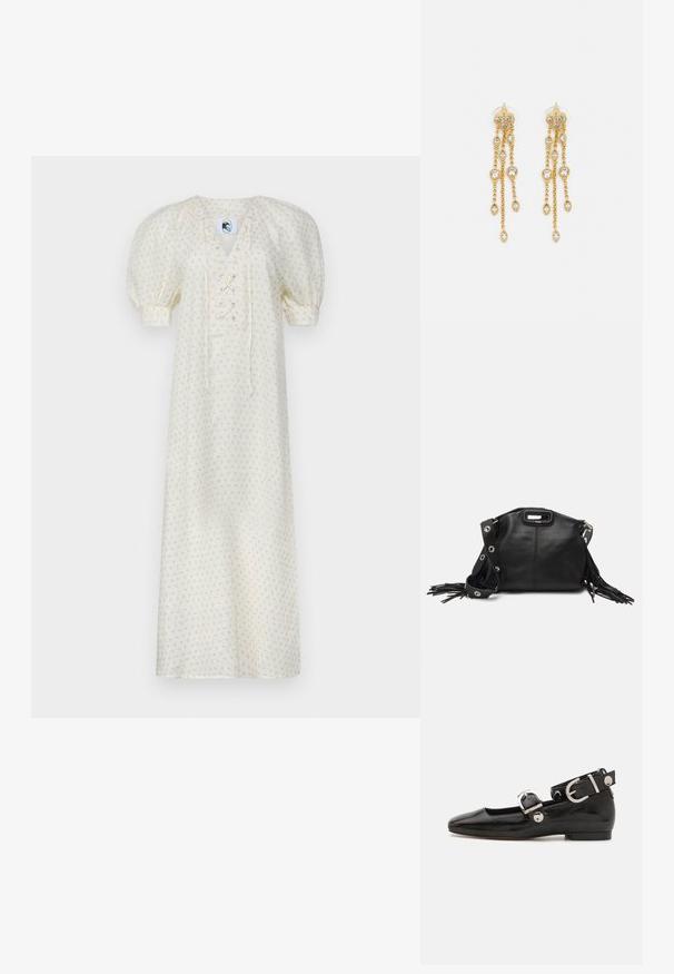 Sleeper GARDEN DRESS - Kasdienė suknelė - white/pink; Juodas lakinės odos plokščias batelis su kvadratiniu pirštu, kulkšnies dirželiu su sidabro detalėmis ir plokščiu padu. Sklandus paviršius su minimalistišku dizainu.; Maje MISS MINI - Rankinė per petį - noir; Aukso spalvos auskarai su keliais kaskadiniais grandinėlėmis, su skaidriais ovaliais kristalų akcentais ir dekoratyviniais auskarų priekiais.