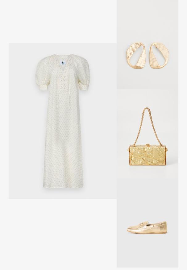 Sleeper GARDEN DRESS - Rochie de zi - white/pink; Pantofii de barcă din piele metalizată aurie, cu vârful rotund, șireturi decorative și mici gauri de aerisire pe laturi. Talpă din cauciuc plat.; Geanta dintr-un material auriu cu o textură șifonată, având o formă rectangulară, dotată cu un sistem de prindere cu lanț și un zăvor în partea de sus. Finisaj neted și strălucitor.; O pereche de cercei din metal de culoare aurie, cu formă ovală neregulată, având o suprafață texturată, ușor ciocănită, pe un fundal alb.
