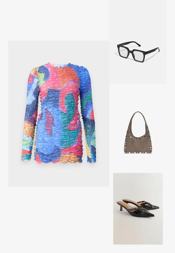 Wielokolorowa sukienka z długim rękawem o marszczonej fakturze. Charakteryzuje się żywymi wzorami w odcieniach niebieskiego, czerwonego, zielonego i żółtego. Ząbkowany detal u dołu.; Czarne skórzane sandały na obcasie z wydłużonym noskiem, z dekoracyjnymi paskami i ozdobnymi oczkami, na skromnym obcasie typu stiletto. Gładka faktura.; Czarne okulary przeciwsłoneczne w matowym wykończeniu, z przezroczystymi soczewkami i lekko niebieskim odcieniem z jednej strony. Solidny, kanciasty design.; PULL&BEAR - Torba na zakupy