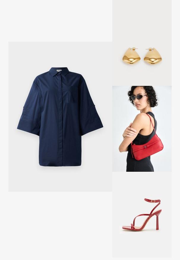 Camicia blu navy sbottonata con colletto a punta, maniche corte e larghe, e taschino sul petto; tessuto liscio con un motivo uniforme.; ALDO SCINTILLA - Sandali con tacco - red; Borsa a spalla rossa in pelle con una texture liscia, design curvo e un elegante dettaglio a fibbia. Tracolla regolabile e chiusura con zip.; Orecchini in metallo dorato con forma triangolare liscia e arrotondata e design con chiusura a perno; superficie riflettente con minimalismo nei dettagli.