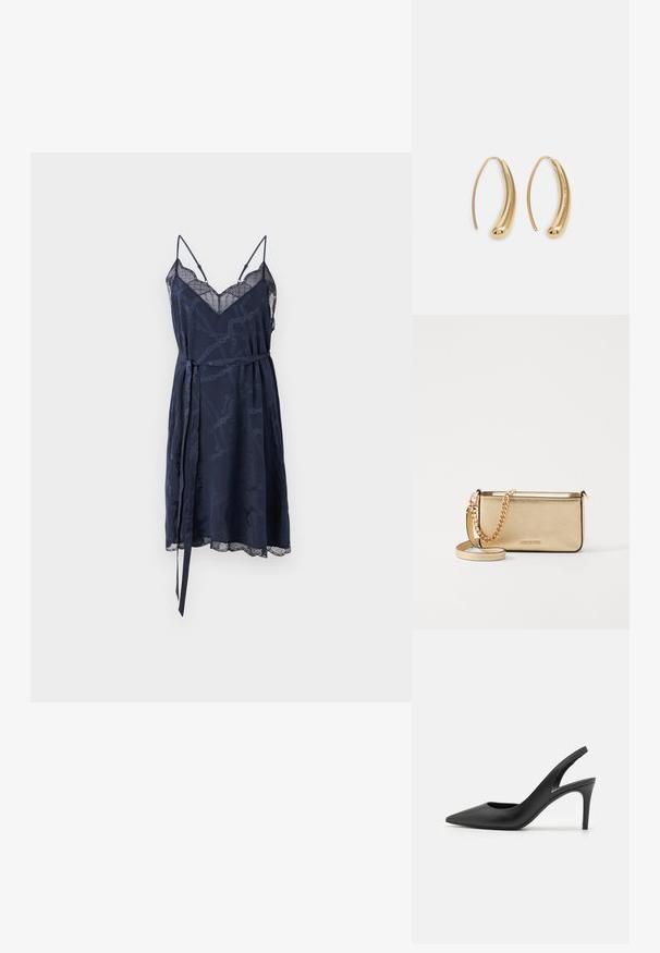 Zadig & Voltaire RISTYZ CHAINES - Kasdienė suknelė - encre; Juodos odinės šlepetės su aukštu kulnu ir ilgu smailiu nosiu, turinčios išpjovą priekyje ir ploną stiletą.; Metaliniu auksu padengtas odinis rankinukas su tekstūruotu paviršiumi, kuris turi auksinį grandinėlės dirželį ir nuimamą petį. Įspaustas prekės ženklas.; Auksinės metalinės auskarų kabės su lenktą, pailgą forma. Turi lygų, blizgantį paviršių ir užapvalintą galiuką papildomam akcentui.