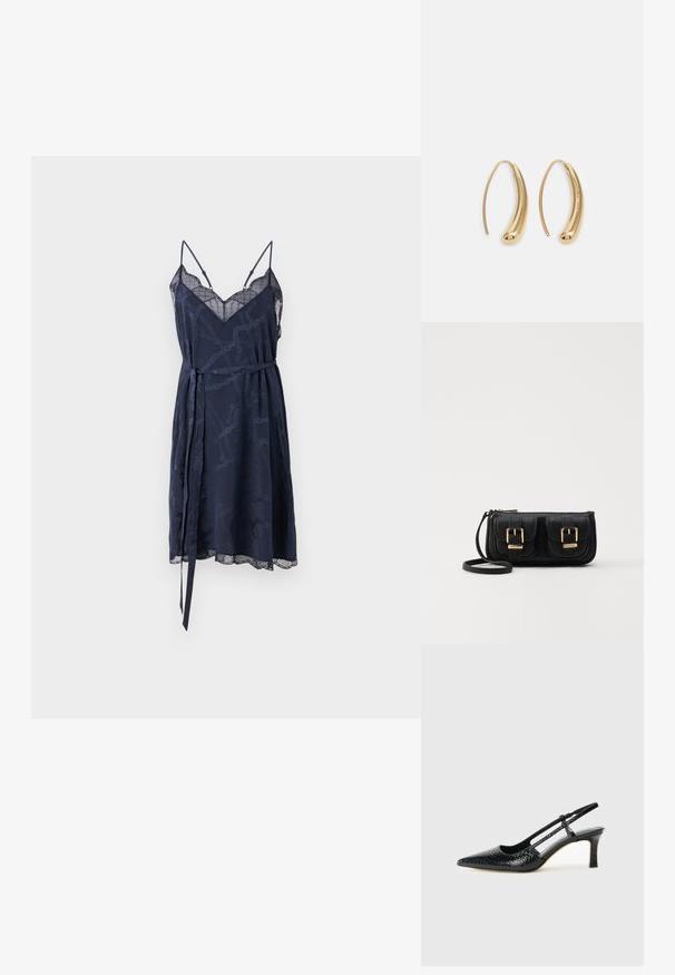 Zadig & Voltaire RISTYZ CHAINES - Φόρεμα ημέρας - encre; Μαύρη πατέντα σλινγκμπάκ γόβα με μυτερή μύτη, διαθέτει υφή από φίδι, ρυθμιζόμενο λουρί και κοντή, υφή τετράγωνη φτέρνα.; Μαύρη δερμάτινη τσάντα ώμου με δύο μπροστινές τσέπες, χρυσά κούμπωματα, κλείσιμο με φερμουάρ και λεπτό λουρί. Υφή επιφάνειας και κομψό ορθογώνιο σχήμα.; Χρυσές μεταλλικές σκουλαρίκια κρίκοι με καμπυλωτό, ελκυστικό σχήμα. Περιλαμβάνουν μια λεία, γυαλιστερή επιφάνεια και στρογγυλή άκρη για πρόσθετη λεπτομέρεια.