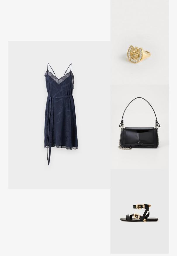 Zadig & Voltaire RISTYZ CHAINES - Dnevna haljina - encre; Crne kožne sandale s zlatnim kopčama, s više trakica i ravnim đonom za nošenje s otvorenim prstima.; Crna patentna kožna torba pravokutnog oblika, s lancem za nošenje i karakterističnim metalnim detaljem u središtu. Glatka tekstura.; Zlatni prsten s dizajnom krune unutar potkove, ukrašen malim prozirnim draguljima, na bijeloj pozadini.