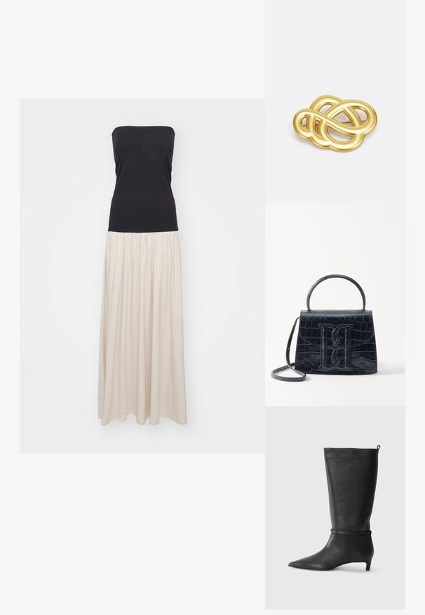 Maksi obleka brez naramnic z črnim prilegajočim vrhom in tekočo, smetanasto krilo. Gladek material z nabiranjem v pasu.; Črne usnjene visokokakovostne škornje do kolen s koničastim nosom, okrašene s krožno zanko okoli gležnja in nizko, oblikovano peto. Gladka tekstura.; Črna ročno vsebovana torbica iz usnja z reliéfom krokodila, z oblikovanim dizajnom, zgornjo ročajem, prilagodljivo zanko in izstopajočim logotipom spredaj.; Broška z zlatim odtenkom, ki se ponaša s zankastim dizajnom, gladkimi, ukrivljenimi linijami in zapleteno obliko, ki odseva poliran zaključek.