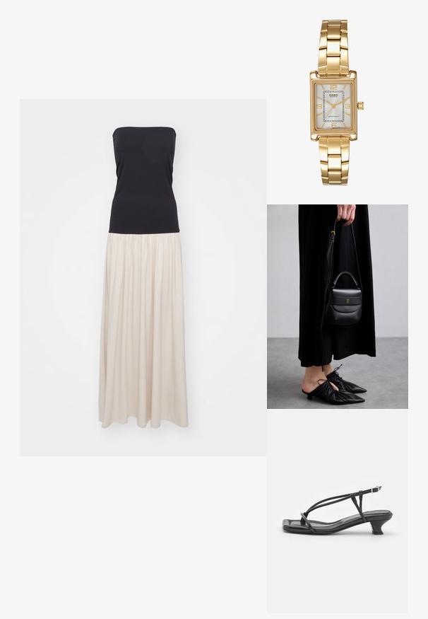 Stropeløs maxikjole med en sort tætsiddende top og en flydende, kremfarvet nederdel. Glat stof med samlede detaljer ved taljen.; Sort lædersandal med tynde stropper, lav blokhæl og firkantet tå. Har en spænde lukning og glat tekstur.; Lille sort læder håndtaske med en rund form, topgreb og aftagelig rem. Bæres med sort stofkjole og sorte plisserede sko.; Guldtonet rektangulær armbåndsur med en hvid skive, sølvtonede time markører og et holdbart metalled. Vandafvisende funktion inkluderet.