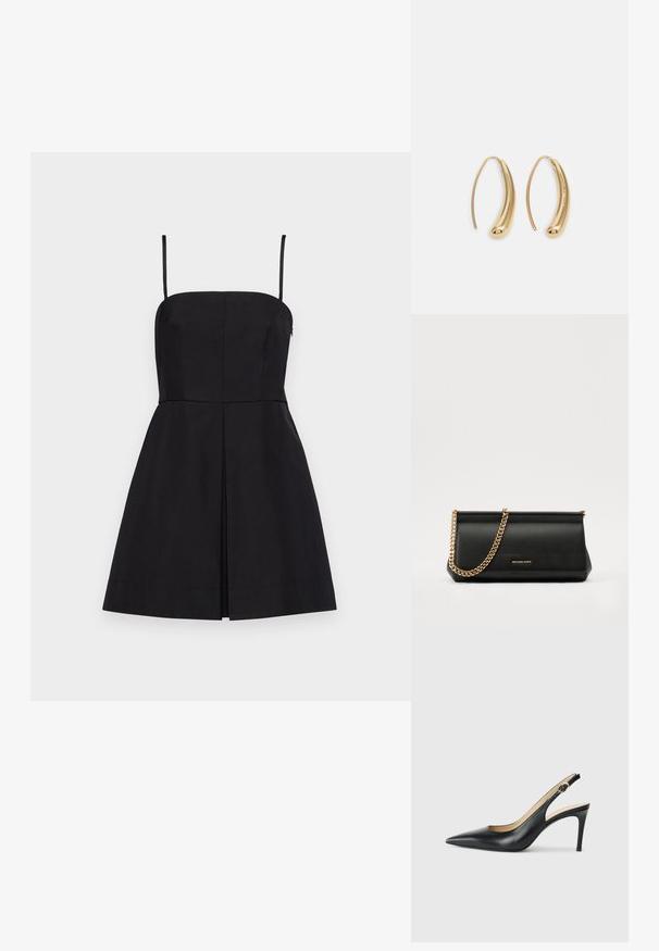 Juoda be rankovių suknelė su tiesiu kūnu, prigludusia juosmens dalimi ir A formos sijonu, turinčiu subtilų priekinių raukšlę ir reguliuojamas petnešas.; Juodos odinės slingback aukštakulnės bateliai su smailiu nosiu, reguliuojama juosta ir elegantišku stiletto kulnu, pasižymintys lygia apdaila.; Juodas odinis delninukas su auksine grandine, turintis lygų paviršių, stačiakampį išmatavimą ir įspaustą prekės ženklą priekyje.; Auksinės metalinės auskarų kabės su lenktą, pailgą forma. Turi lygų, blizgantį paviršių ir užapvalintą galiuką papildomam akcentui.