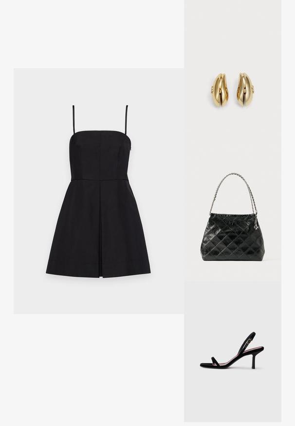 Vestido negro sin mangas con un corsé recto, cintura ajustada y falda en forma de A que presenta un sutil pliegue frontal y tirantes ajustables.; Sandalia de tacón alto de gamuza negra para mujer, con tiras finas y una hebilla dorada, sobre un fondo blanco, vista lateral.; Bolso de cuero negro acolchado con asa de cadena plateada, presenta un diseño estructurado y una textura suave.; Pendientes en tono dorado con un diseño fluido y curvado. Cada pendiente cuenta con una superficie lisa y un pequeño cierre con un detalle decorativo.