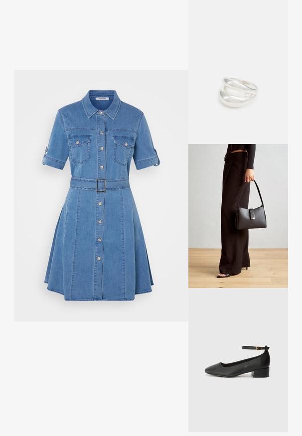 Plava traper haljina s kratkim rukavima, dugmadi sprijeda, dva džepa na prsima, pojasom s metalnom kopčom i raširenim suknjom.; Crne kožne pumpe s oštrim vrhom i niskom blok petom. Sadrže remen oko gležnja s zlatnim kopčanjem. Glatka tekstura.; Crna torba s oblikom koji sadrži strukturu, glađu teksturu i metalnu kopču. Uparena s širokim crnim hlačama i sandalama na otvorenom s drvenog poda.; Srebrna dvostruka prsten s glatkom, poliranom površinom. Karakterizira ga fluidan, zakrivljen dizajn s preklapajućim sekcijama za moderan izgled.