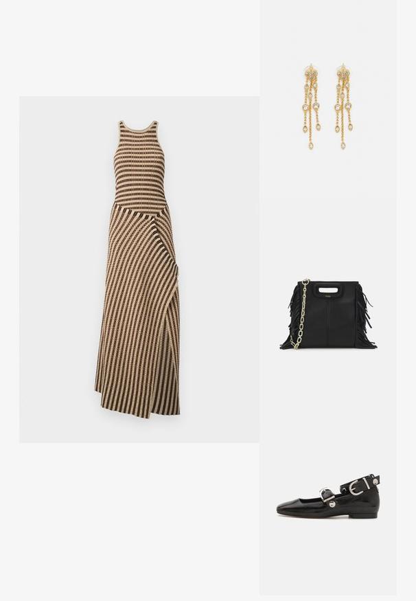 Pletené šaty so smotanovo-hnedým pruhovaným vzorom, bezrukávový dizajn, okrúhly výstrih a drapovaný detail na sukni.; Čierne lakované baleríny so štvorcovou špičkou, remienkom okolo členka so striebornými prvkami a plochou podrážkou. Hladký povrch s minimalistickým dizajnom.; Čierna kožená kabelka s strapcami, zlatým reťazovým ramenným popruhom a vykrojenou rukoväťou. Na prednej strane sa nachádza logo.; Zlaté náušnice s mnohými kaskádovými reťazcami, ozdobené jasnými oválnymi kryštálmi a dekoratívnymi puzdrami.