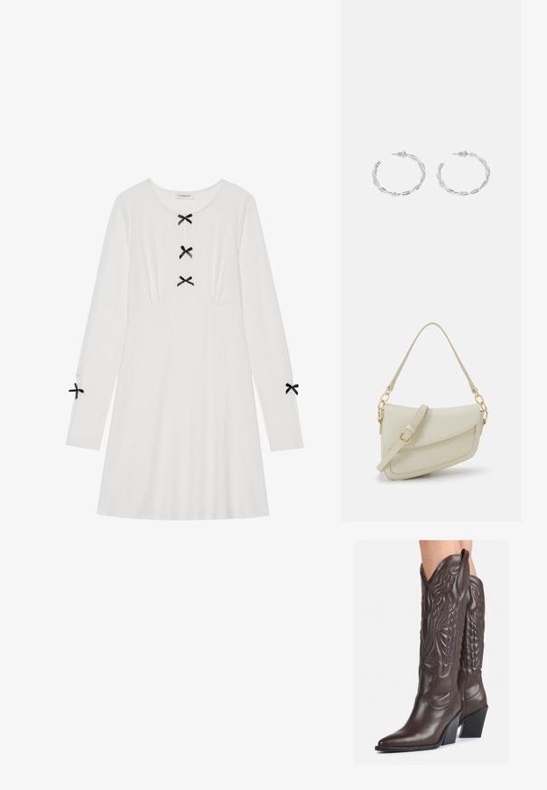 Bijela haljina dugih rukava izrađena od rebraste tkanine, s tri crne mašne sprijeda i dvije na rukavima. Okrugli izrez, A-linijski kroj.; Smeđe kožne kauboj čizme s šiljastim vrhom i blok-potpeticom, s detaljno izvezenim šavovima i uzdignutim naglascima na okovu.; Mala krem torbica s teksturiranim finišom, dugačkim podesivim remenom, lančanim detaljem i preklopom. Zlaćani hardver.; Srebrne naušnice s obručima i uvijenim dizajnom, s poliranim završetkom i pričvršćivanjem na stražnjoj strani. Mjere otprilike 3 cm u promjeru.