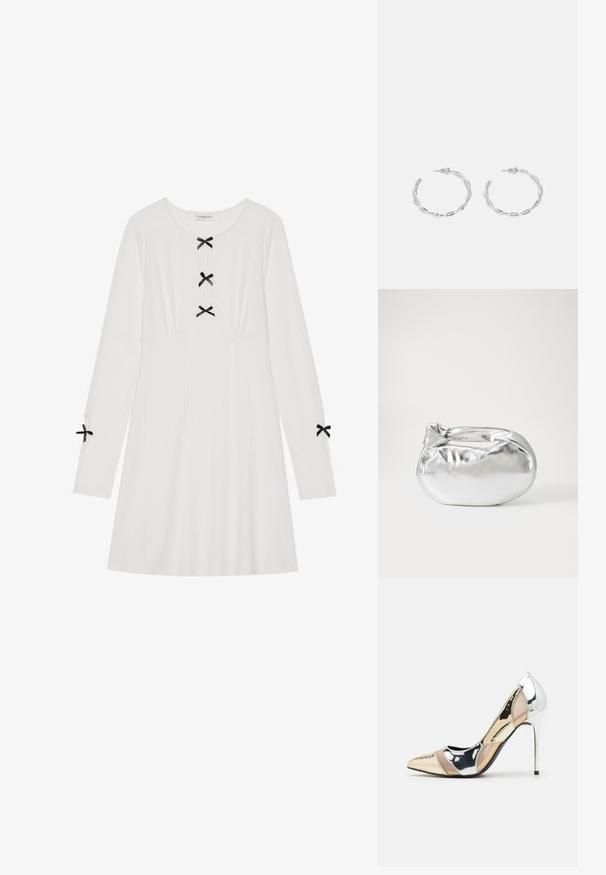 Valge pika varrukaga kleit ribitud kangast, millel on ees kolm musta paitust ja varrukatel kaks. Ümar kaelus, A-lööbises.; Kitsas toe kõrge kontsaga kingad, millel on hõbedane, kuldne ja nude värvilahendus. Läikiv viimistlus lõikekujundusega, stiletto konts.; Hõbedane metallikoti kott pehme, ümar kuju ja sõlme ülemise sulgemisega. Valmistatud siledast kunstnahast materjalist.; Hõbedased rõngaskõrvarõngad keerutatud disainiga, millel on poleeritud viimistlus ja posti-tagune sulgemine. Diameeter umbes 3 cm.