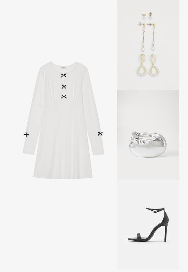 Rochie albă cu mâneci lungi, confecționată din țesătură cu nervuri, având trei fundițe negre în față și două pe mâneci. Decolteu rotund, formă în A.; Sandale negre cu toc înalt, cu degetul mare descoperit, curele subțiri și cataramă la gleznă. Textură de piele netedă cu un design al vârfului ascuțit.; Pouch bag metalizat argintiu, cu o formă moale și rotunjită și un închidere de tip nod la partea de sus. Fabricat dintr-un material sintetic din piele netedă.; Cercei cu ton de aur, având două designuri cu picături de perlă. O pereche are prinderi tip bijuterie, iar cealaltă este de tip suspendat, cu un lanț și perle suplimentare.
