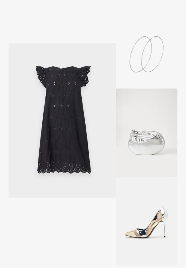 Melnā kleita ar īsiem volāniem pie piedurknēm, rotāta ar ziedu izgriezumiem un viļņotu apakšmalu. Izgatavota no viegla auduma.; Apspīlēta augstpapēžu kurpe ar zeltītu, sudrabi un neitrālu krāsu kombināciju. Spīguļojoša virsma ar izgriezuma dizainu, aprīkota ar stiletto papēdi.; Sudraba metāliska poga somiņa ar mīkstu, noapaļotu formu un mezgla augšējo aizdari. Izgatavota no gludas mākslīgās ādas materiāla.; Sudraba gredzenveida auskari ar minimālistisku dizainu. Cirkulāra forma, gluda tekstūra un plāns profils. Vieglu svaru ar spīdīgu apdari.