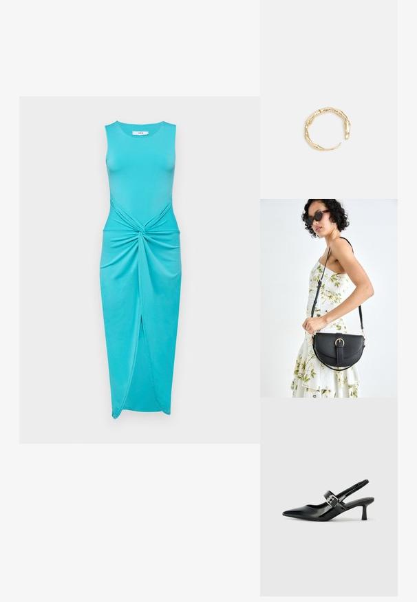 Mėlynos spalvos suknelė be rankovių su sukimo mazgu liemens srityje, turi šoninio įpjovimo detalę ir glaudžiai priglundančią siluetą iš sklandžios medžiagos.; Juodai lakuoti slingback aukštakulniai su smailiu kojų pirštu ir mažais blokiniais kulniukais, su sidabro sagtimi ant dirželio.; Juodas odinis krepšys su išlenkta forma, nuimamu dirželiu ir auksiniais detalėmis. Krepšys turi kilpą su sagtimi.; Auksinės spalvos žiedas, turintis organišką, sukimosi dizainą su lygiu paviršiumi ir siaurėjančiais galais, sukuriantis modernią skulptūrinę išvaizdą.