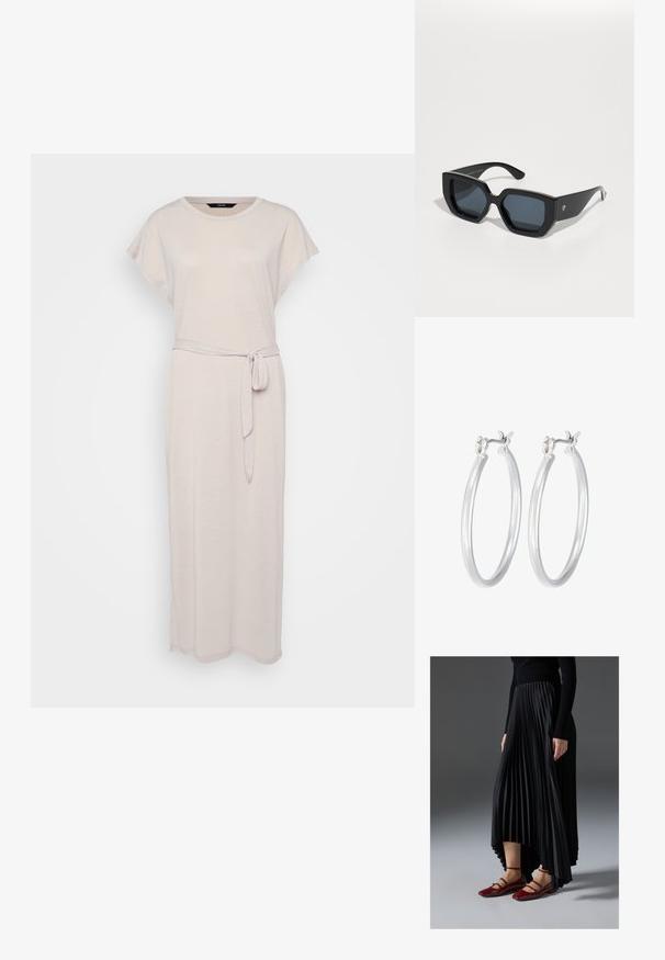 Gaišbeige maksi kleita ar īsām piedurknēm, apaļu kakla izgriezumu un jostu ap vidū. Izgatavota no mīkstas, teksturētas auduma.; Melna plisēta kleita ar augstu priekšpusi un zemāku aizmuguri, saskaņota ar spīdīgām sarkānām dzīvokļa kurpēm ar siksnu dizainu. Audumam ir gluda tekstūra.; Melnas lielas saulesbrilles ar ģeometrisku dizainu, taisnstūrveida lēcas un spīdīgu apdari. Uz priekša nav redzama zīmola.; Sudraba riņķveida auss gredzeni ar gludu, pulētu apdari. Apaļa forma un drošs klikšķa augšējais slēgums. Viegls dizains, kas piemērots ikdienas valkāšanai.