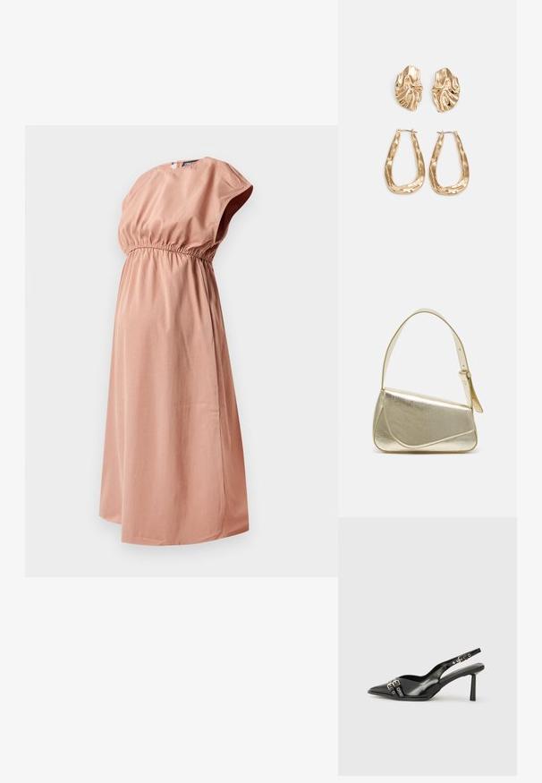 Nėštumo suknelė iš švelnaus, dulkių rožės spalvos audinio, su surinktu liemeniu, trumpomis rankovėmis ir kelių ilgio apgadinta, užtikrinanti komfortą ir lengvumą dėvint.; Juodas lakuotas odinis batelis su smailiu pirštu, kulkšnies dirželiais su sidabrinėmis sagtimis ir detalėmis, bei plonu kulnu.; Aukso metalinės rankinės su struktūrizuotu dizainu, lygaus paviršiaus ir reguliuojama dirželiu. Pasižymi unikaliu trikampiu pavidalu ir minimalizmu siuvinėjime.; Auksinės auskarai, turintys tekstūruotus, bangų formos elementus. Įeina skulptūriniai segami auskarai ir atviri lankai su išmuštu paviršiumi.