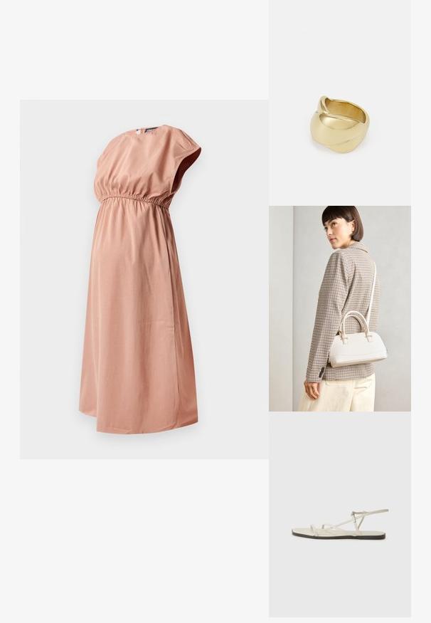 Haljina za trudnoću od mekog materijala u prašnjavoj ružičastoj boji, s nabranym strukom, kratkim rukavima i dužinom do koljena za udobnost i lakše odijevanje.; Bež sandala na ravnom potplatu s više tankih trakica i podesivom kopčom. Potplat je ravan s blagim tamnim kontrastom na rubu.; Bijela strukturna torba s kratkim ručkama i remenom za rame, s zlatnim metalnim detaljima i teksturiranim materijalom, prikazana na sivoj pozadini.; Zlatni prsten s glatkim, uvrnutim dizajnom. Ima sjajnu površinu i zaobljene ivice, stvarajući besprijekoran, fluidan oblik.
