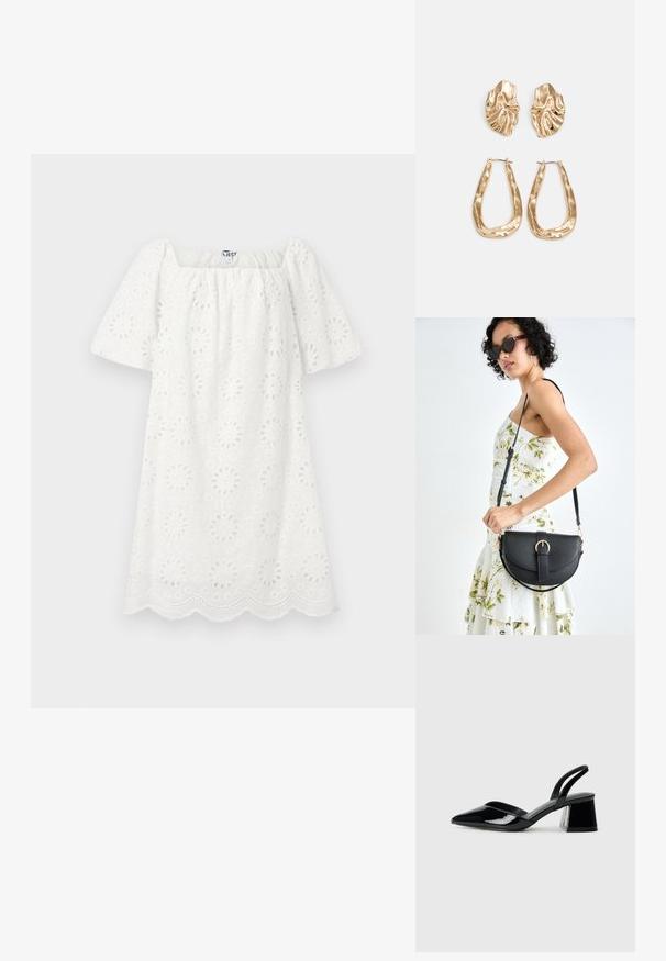 Valge kleit, millel on ruudu kujuline dekoltee ja lühikesed puhvärved. Valmistatud tekstureeritud kangast, millel on lillelised lõiked ja sakiline äär.; Mustad musta lakknahk kingad, millel on terav varvas ja geomeetriline plokkkonts. Omab elegantselt minimalistlikku disaini ja sujuvat tekstuuri.; Mustmust mustraha kõverate joontega, eemaldatava rihmaga ja kuldsete detailidega. Kotil on klapp, millel on pandladetail.; Kuldse värvi kõrvarõngad, mis on kaunistatud tekstuursete ja laineliste kujunditega. Komplektis on skulpturaalsed klamber kõrvarõngad ja avatud rõngasdisain, millel on lõhestatud viimistlus.