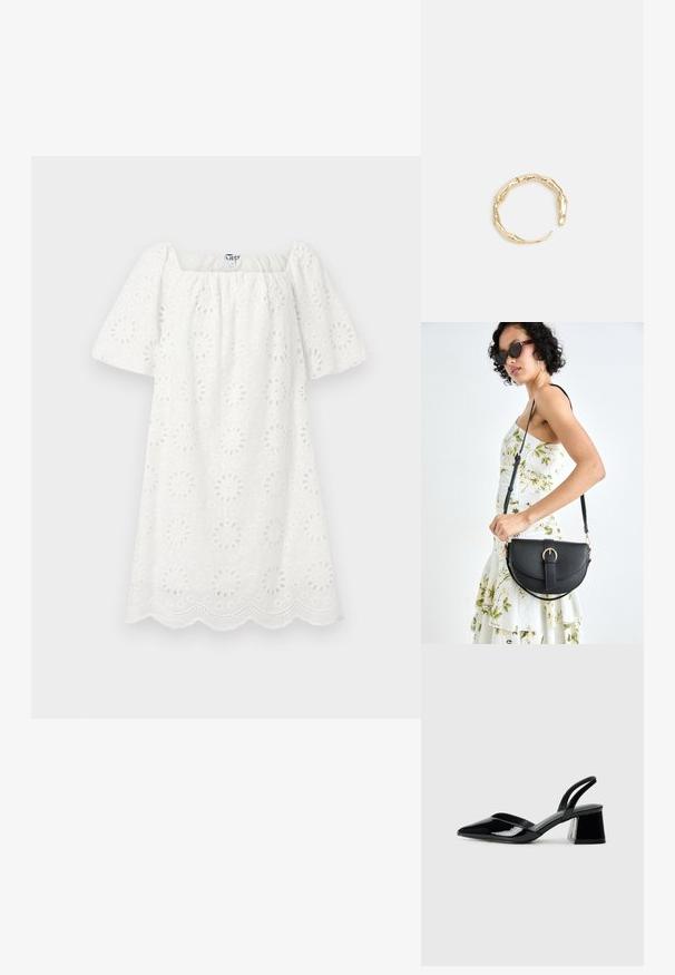 Weißes Kleid mit quadratischem Ausschnitt und kurzen Puffärmel. Hergestellt aus strukturiertem Stoff mit floralen Durchbrüchen und gewelltem Saum.; Schwarze Lackleder-Slingback-High Heels mit spitzem Schuh und einem geometrischen Blockabsatz. Verfügt über ein schlankes, minimalistisches Design und eine glatte Textur.; Schwarze Lederhandtasche mit geschwungener Form, abnehmbarem Tragegurt und goldenen Beschlägen. Die Tasche verfügt über einen Deckel mit einer Schnallen-Details.; Goldfarbener Ring mit einem organischen, gedrehten Design, glatter Oberfläche und sich verjüngenden Enden, was ein modernes, skulpturales Erscheinungsbild erzeugt.