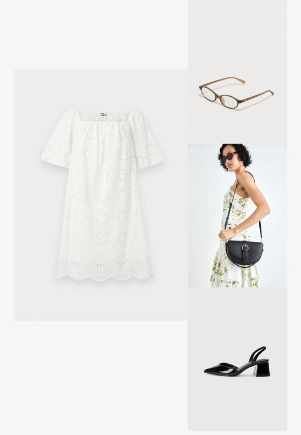 Vestido blanco con escote cuadrado y mangas cortas con volantes. Hecho de un tejido texturizado con patrones de flores cortadas y un dobladillo con puntilla.; Zapatos de tacón slingback de charol negro con punta afilada y tacón geométrico en bloque. Presentan un diseño elegante y minimalista, así como una textura suave.; Gafas de carey marrón con lentes ovalados, patas delgadas y acentos transparentes. Presenta un sutil logo en la varilla. Diseño elegante y ligero.; Bolso de piel negra con forma curva, correa desmontable y herrajes dorados. El bolso cuenta con una solapa con un detalle de hebilla.