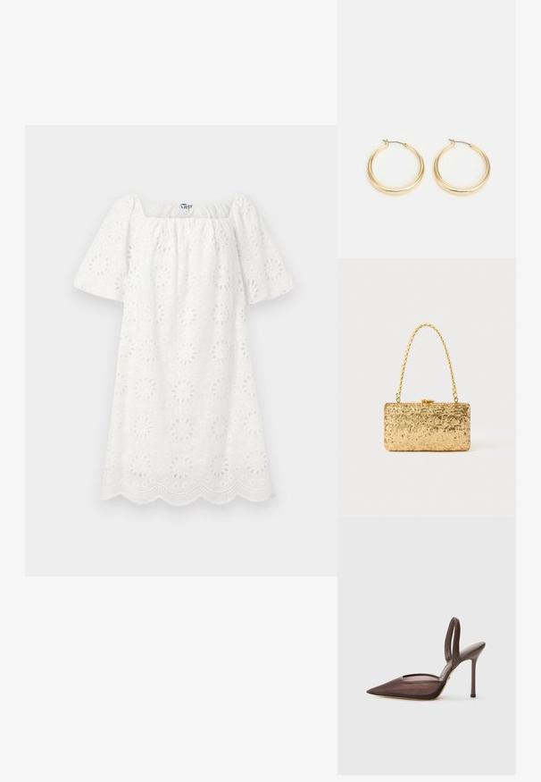 Bílé šaty s čtvercovým výstřihem a krátkými nabíranými rukávy. Vyrobené z texturované látky s květinovými výřezy a vlnitým lemem.; Hnědá slingback vysoká botička s špičatou špičkou a síťovaným překrytem. Má tenký podpatěk a otevřenou část po stranách.; Zlatá flitrová kabelka ve tvaru obdélníku, s propleteným řetízkovým uchem a kovovým zapínáním, odrážející světlo s texturovaným povrchem.; Kroužkové náušnice ve zlatém odstínu s hladkým, zaobleným designem, vybavené tenkým drátovým uzávěrem a lesklým povrchem pro zářivý vzhled.