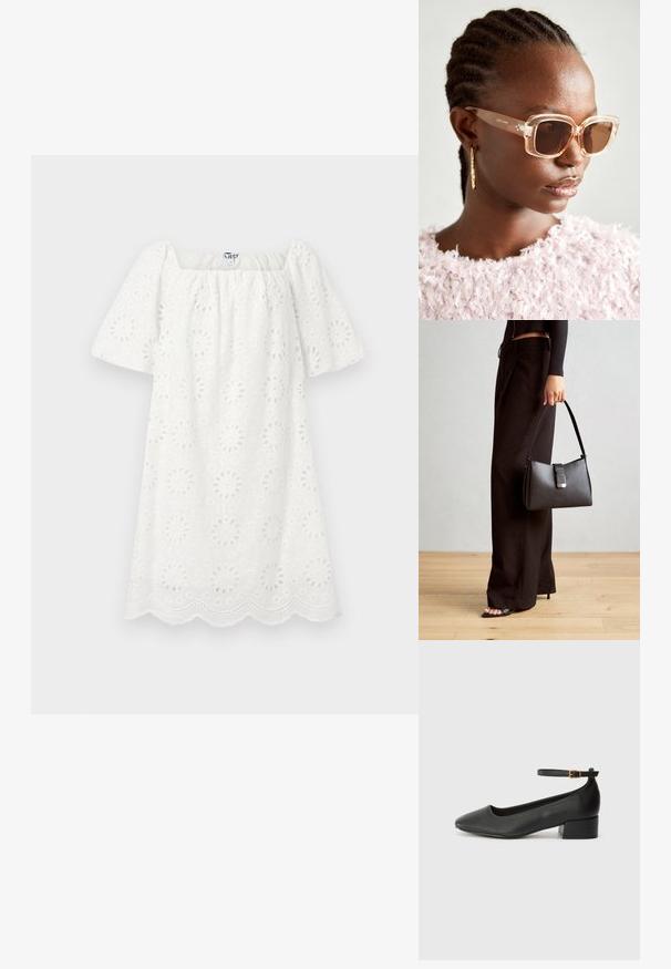 Bela obleka z kvadratnim izrezom in kratkimi napihnjenimi rokavi. Narejena iz strukturirane tkanine z cvetličnimi izrezi in valovitimi robovi.; Črne usnjene pumpice z nazobčanimi prsti in nizko blokasto peto. Imajo trak okoli gležnja z zaponko v zlatem tonu. Gladka tekstura.; Bežna oversized sončna očala s prozornim okvirjem in rjavimi lečami, ki imajo subtilne cvetlične poudarke in drzen, geometrijski dizajn.; Črna torbica z strukturirano obliko, gladko teksturo in kovinskim zaponko. Ujemajo se z širokimi črnimi hlačami in odprtimi sandali na lesenem tleh.