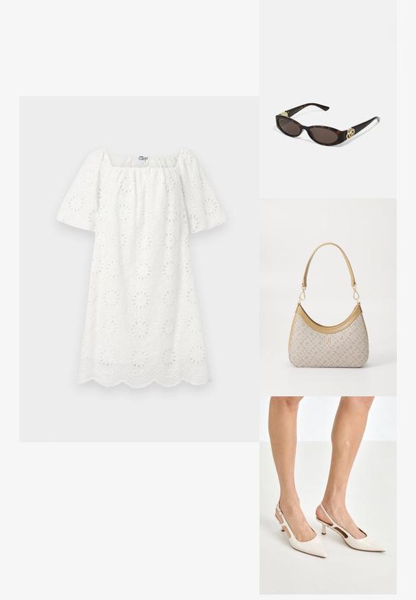 Weißes Kleid mit quadratischem Ausschnitt und kurzen Puffärmel. Hergestellt aus strukturiertem Stoff mit floralen Durchbrüchen und gewelltem Saum.; Beige Lackleder Slingback-Absätze mit spitzem Fuß und 5 cm Absatz, mit ausgeschnittenen Seiten und einem schmalen Knöchelriemen.; Schildpatt-Sonnenbrille mit länglich-ovalen Gläsern, braunem Farbton, goldenen Logo-Akzenten an den Bügeln und schlanken schwarzen Bügeln.; Beige gemusterte Handtasche mit geschwungener Form, Lederakzenten und einem goldfarbenen Logo auf der Vorderseite. Verfügt über einen kurzen Griff für einfaches Tragen.