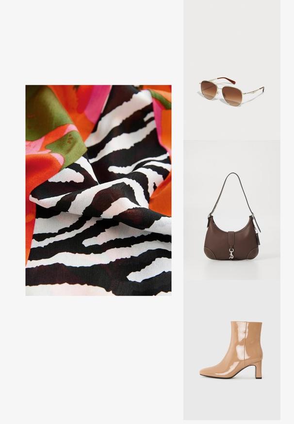 Erinevad värvid sisaldav kude, millel on julge must-valge zebra triibumuster, koos elavate lillekujudega roosa, oranži ja rohelise värviga.; Naha patendi ankle boots, mille terav varvas, läikiv pind ja keskmise kõrgusega plokknina. Sile tekstuur ja stiilne siluett.; Kuldsete metallraamidega prillid, millel on gradiendid pruunid läätsed. Omab ainulaadset geomeetrilist kuju ja pruuni aktsente varrestel. Kerge disain.; Pruun nahast käekott ümmarguse kujuga, hõbedaste detailide ja dekoratiivse õmblusega. Omab õlarihma ja klambri sulgemist.