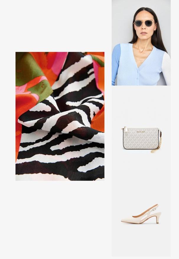 Tela colorida con un atrevido patrón de rayas de cebra en blanco y negro, combinado con formas florales vibrantes en rosa, naranja y verde.; Zapato de tacón de tirantes blanco con punta afilada, material superior liso, tacón bajo y diseño con corte lateral con correa ajustable.; Gafas de sol redondas con lentes oscuros y montura dorada. El modelo lleva un cárdigan de canalé azul claro con botones y mangas blancas en contraste.; Monedero de muñeca Michael Kors en lona recubierta beige que presenta un patrón repetido del logo MK, herrajes dorados y una correa de cadena desmontable.