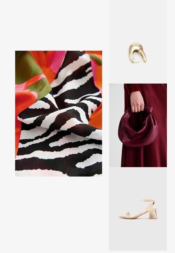 Kolorowa tkanina z odważnym wzorem w paski zebry w czerni i bieli, połączona z dynamicznymi kształtami kwiatów w różowym, pomarańczowym i zielonym.; Złote metaliczne sandały na obcasie z kanciastym blokowym obcasem, z dwiema paskami na stopie i regulowanym paskiem wokół kostki. Gładka tekstura.; Bordowa skórzana torebka o miękkim, marszczonym wyglądzie i zaokrąglonym kształcie. Uchwyt jest zabezpieczony, co podkreśla gładką fakturę.; Złote metalowe kolczyki o eleganckim, zakrzywionym kształcie. Posiadają charakterystyczny szpiczasty kształt, polerowaną powierzchnię oraz zapięcie na zawias.