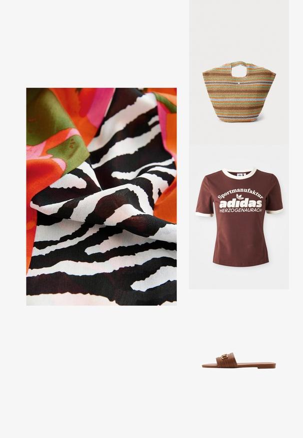 Farbenfroher Stoff mit einem auffälligen Zebra-Streifenmuster in Schwarz und Weiß, kombiniert mit lebendigen Blumenformen in Pink, Orange und Grün.; Braunes Kurzarm-T-Shirt mit cremefarbener Kragen und Ärmeln. Verziert mit großen weißen Schriftzug "Sportmanufactur adidas Herzogenaurach."; Braune Leder-Sandale mit zwei breiten Riemen, dekorativen Nähten und einem Akzent in Goldfarbe. Flache Sohle.; Gewebte Strohtasche mit mehrfarbigen Streifen in Braun, Grün, Orange und Blau. Verfügt über eine flache Form und zwei Handöffnungen. Leichtes Design.