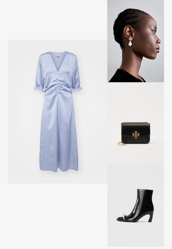 Šviesiai mėlyna, iki kelių siekanti suknelė su V formos iškirpte, susiraukšlėjimu talijoje ir alkūnėmis siekiančiomis pūstomis rankovėmis. Lygi, tekstūruota medžiaga.; Juodi aulinukai, pagaminti iš blizgios odos, su smailia nosimi ir dekoratyviu aukso bei sidabro akcentu priekyje. Bloko kulnas.; Juodas odinis rankinė su auksinės spalvos grandine ir logotipo akcentu. Turi stačiakampio formą su užlenkiama sklende. Lygus paviršius.; Tory Burch STAR DROP EARRING - Auskarai - silver-coloured