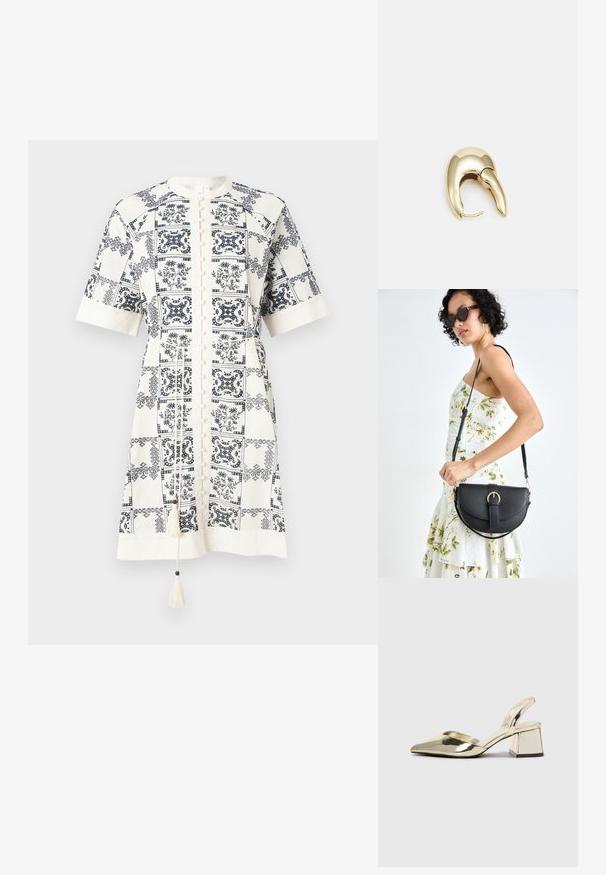 Abito a manica corta, lungo fino al ginocchio, in tessuto crema con motivi floreali e geometrici blu navy, caratterizzato da una chiusura con bottoni e dettagli con frange.; Tacchi slingback metallici color oro con punta appuntita e tacco grosso. Texture liscia, design minimalista e una cinghia stretta.; Borsa a tracolla nera in pelle con una forma curva, manico rimovibile e accessori dorati. La borsa presenta una patta con un dettaglio a fibbia.; Orecchino in metallo color oro con un design elegante e curvo. Presenta una forma appuntita distintiva, superficie lucida e chiusura a cerniera.