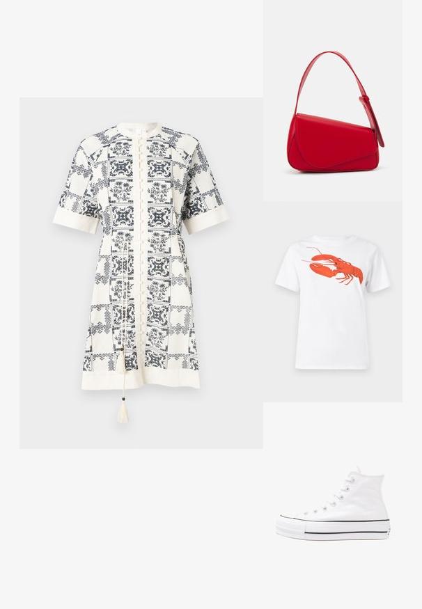 Rochie cu mânecă scurtă, până la genunchi, dintr-un material crem, cu motive florale și geometrice în nuanța bleu marin, având un închidere cu butoni și detalii cu ciucuri.; Tricou alb din bumbac, cu un grafic mare, viu colorat de homar roșu pe față. Mâneci scurte și un guler standard de tip crew neck.; Adidași albi tip pantofi sport cu glezna din pânză, cu talpă din cauciuc negru, capac de vârf din cauciuc frontal și șase ochiuri pentru șireturi, având un design curat și minimalist.; Geantă de mână din piele roșie, cu un design unghiular și geometric. Dispune de o singură curea ajustabilă și un sistem de închidere cu clapetă, cu detalii cusute.