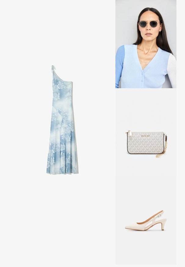 Niebieska kwiatowa sukienka maxi z lekko opływającego materiału, z asymetrycznym designem na jedno ramię, delikatnym zawiązaniem oraz subtelnym wzorem zanikającym.; Biała szpilka slingback z ostrym noskiem, gładkim materiałem wierzchnim, niskim obcasem blokowym oraz wycięciami po bokach i regulowanym paskiem z klamrą.; Okrągłe okulary przeciwsłoneczne z ciemnymi soczewkami i złotymi ramkami. Modelka nosi jasnoniebieski kardigan w prążki z guzikami i białymi rękawami w kontrastowym kolorze.; Portfel na nadgarstek marki Michael Kors w beżowej, pokrytej płótnem, z powtarzającym się wzorem logo MK, złotym okuciem i odpinanym łańcuszkowym paskiem.