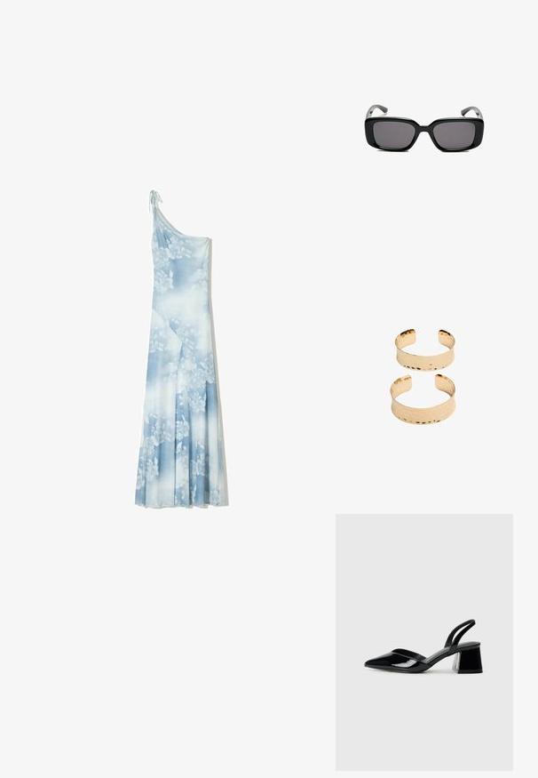 Modra cvetna maksi obleka iz lahkega blaga, s asymetričnim dizajnom z enim ramenom, nežnim detajlom z vrvico in subtilnim fading vzorcem.; Črne lakirane slingback pete s koničastim nosom in geometrijsko blokasto peto. Imajo eleganten, minimalističen dizajn in gladko teksturo.; Črne pravokotne sončne očala z temnimi lečami, gladkim plastičnim okvirjem in ukrivljenimi nogicami. Oblika je robustna in minimalistična.; Zlato obarvani kovinski manšetni z neenakomerno teksturo, s odprto zasnovo in gladkimi robovi. Prikazane sta dve velikosti: ena širša, druga ožja.