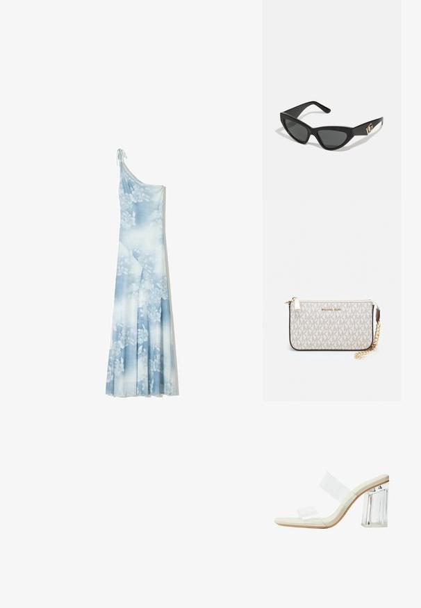 Modrá květinová maxi šaty vyrobené z splývavé tkaniny, s asymetrickým designem na jedno rameno, jemným detailem vázání a subtelným vybledlým vzorem.; Sandály s průhlednými podpatky, které mají průhledné popruhy, béžovou stélku a masivní průhledný blokový podpatek. Elegantní a hladký design s minimálním estetickým pojetím.; Sunglasses ve tvaru kočičích očí s matným černým plastovým rámem, tmavými skly a zlatým logem na stranu. Úhlový design a hladká textura.; Kabelka na zápěstí Michael Kors v béžové potažené plátno s opakujícím se vzorem loga MK, zlatými kovovými doplňky a odnímatelným řetízkovým popruhem.
