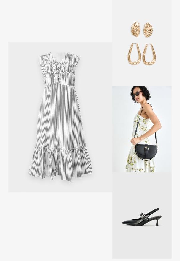 Rochie în dungi alb-negru, cu un decolteu volanat, talie elastică și o margine evazată cu un design în straturi.; Sandale cu toc din piele patent neagră, cu vârful ascuțit și un toc mic bloc, având un accent cu cataramă argintie pe curea.; Geantă din piele neagră, cu o formă curbată, curea detașabilă și accesorii aurii. Geanta are un capac cu un detaliu tip cataramă.; Cercei aurii cu forme texturate și ondulate. Include studs sculpturale cu clip și un design de cerc deschis cu un finisaj cioplit.