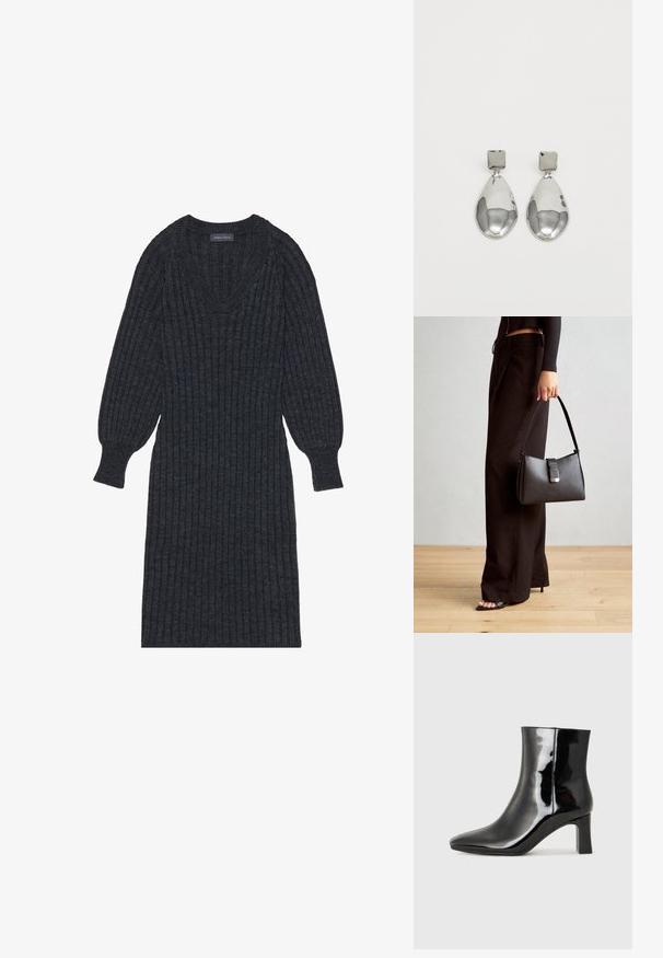 Donkergrijze geribbelde gebreide jurk met een V-halslijn en lange, ballonvormige mouwen. Heeft een getailleerde taille en een textiel met een gestructureerde stof voor warmte.; Zwarte gepolijste leren enkellaars met een spitse neus en een blokhak van gemiddelde hoogte. Glad textuur en minimalistisch ontwerp.; Zwarte handtas met gestructureerde vorm, gladde textuur en een metalen sluiting. Gecombineerd met brede zwarte broeken en sandalen met open teen op een houten vloer.; Zilveren druppeloorbellen met een vierkante stud, voorzien van een gladde, gepolijste afwerking en een druppelvorm, die het licht weerspiegelt met een glanzend oppervlak.