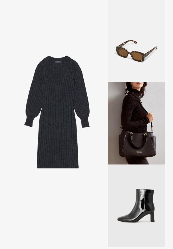 Vestido em malha canelada cinza escuro com decote em V e mangas longas em estilo balão. Apresenta uma cintura ajustada e tecido texturizado para aquecer.; Botim de tornozelo em pele sintética preta com bico apontado e salto bloco de altura média. Textura suave e design minimalista.; Óculos de sol tartaruga com uma armação redonda e robusta e lentes castanhas. Apresenta padrões subtis e hastes direitas e afinadas.; Bolsa preta com superfície texturizada, alças superiores duplas e alça de ombro ajustável. Apresenta ferragens em tom dourado e bolsos laterais.