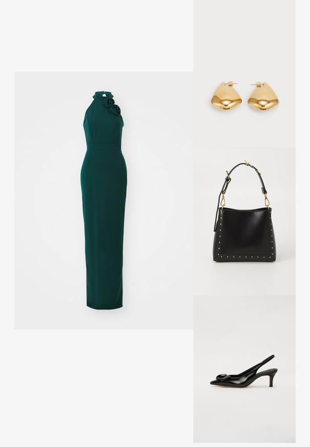 Zelené šaty s halter výstřihem a přiléhavým střihem, zdobené květinovými detaily na rameni a vyrobené z hladké, elastické látky.; Černé lakované kožené boty s otevřenou patou, špičatou špičkou, malým podpatkem a výrazným mašlovým akcentem na nártu. Hladká textura a elegantní design.; Černá kožená kabelka se strukturovaným tvarem, zdobená zlatými hroty podél okrajů a odnímatelným popruhem se zlatými kovovými detaily.; Náušnice z kovu ve zlatém tónu s hladkým, zaobleným trojúhelníkovým tvarem a designem na zadní upevnění; lesklý povrch s minimálními detaily.